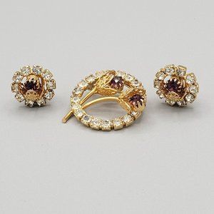 Womens Gold Tone Metal Rhinestone Detailed Flower Brooch & Clip On Earrings Set